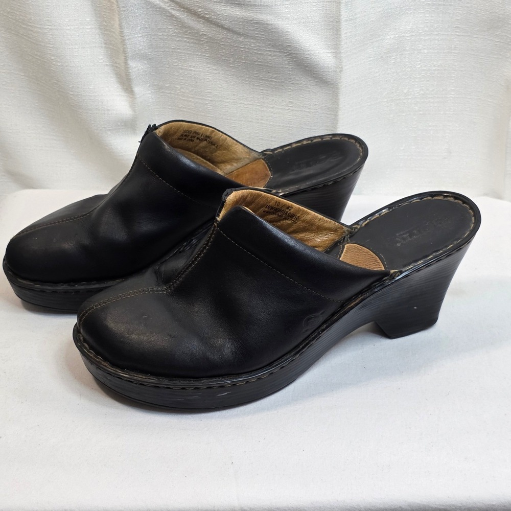 Born Black Leather Clogs Mules Wedge Heel Slip On Shoes Size US 10 EU 42 M/W